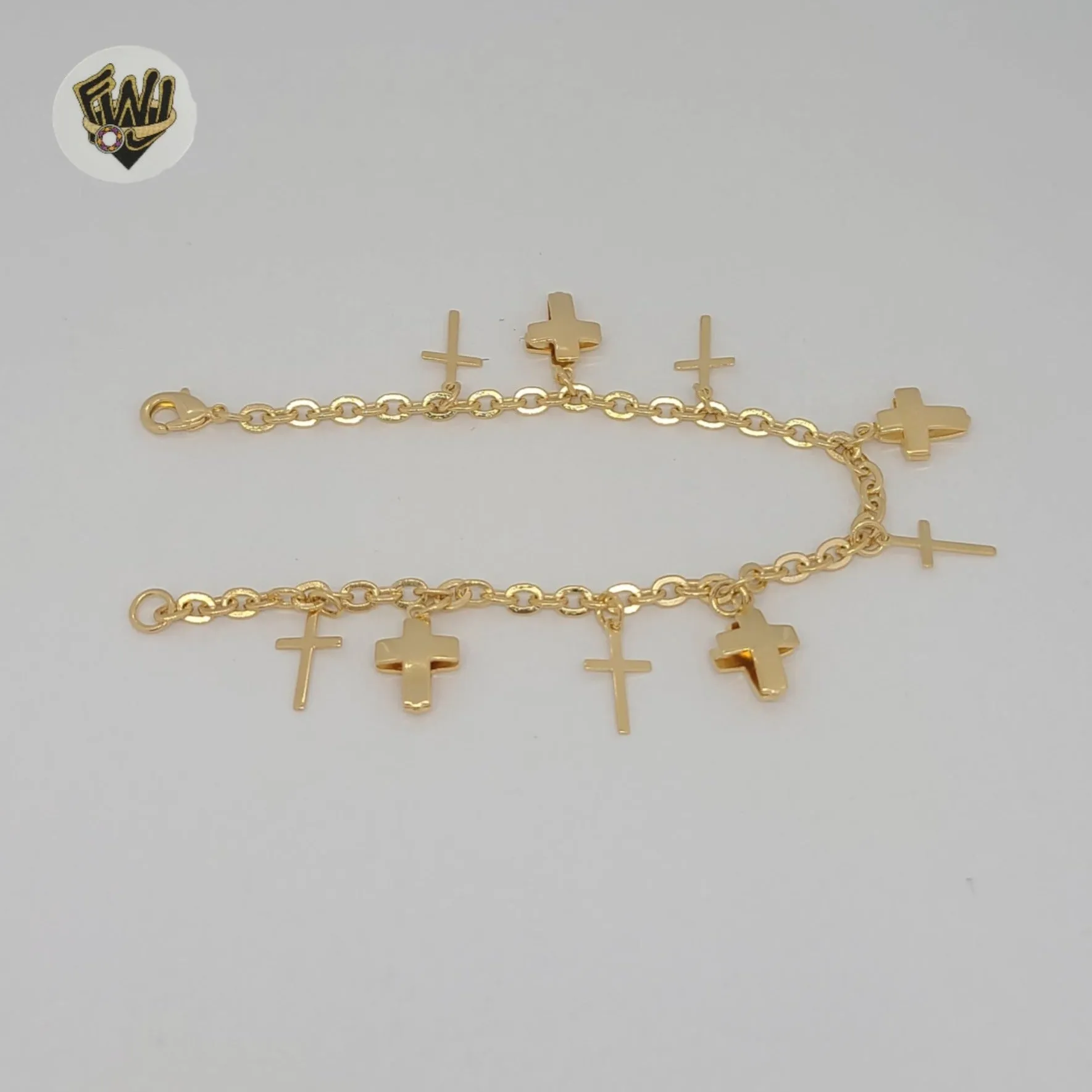(1-0883) Gold Laminate - 3mm Cross Charms Bracelet - 7 - BGF