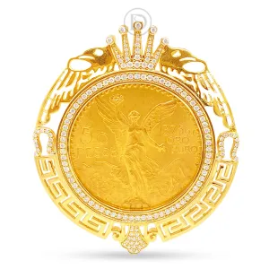 10K Yellow Gold Centenario 50 Pesos Coin Diamond Pendant with Crown and Greek Key