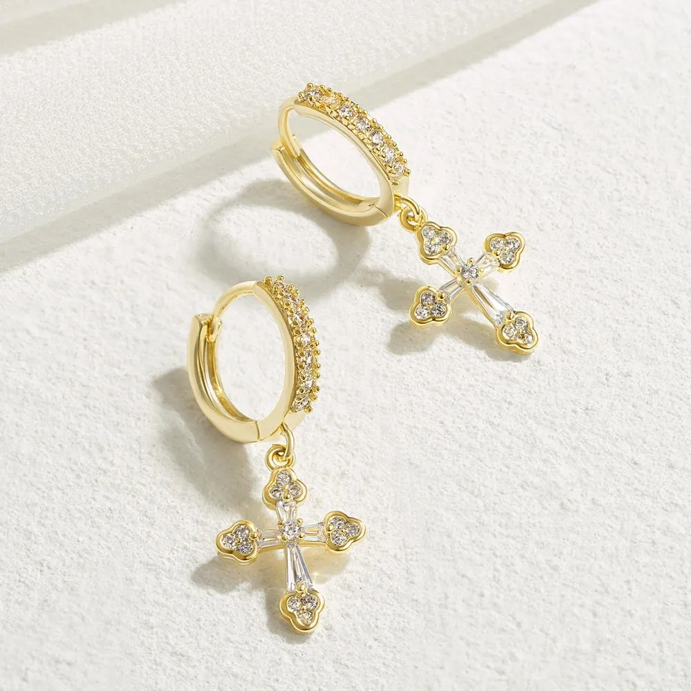 14K Gold Huggies Hoop Dangle Drop Earrings- Cross hoop