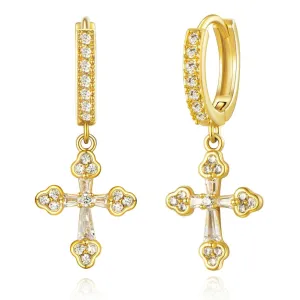 14K Gold Huggies Hoop Dangle Drop Earrings- Cross hoop