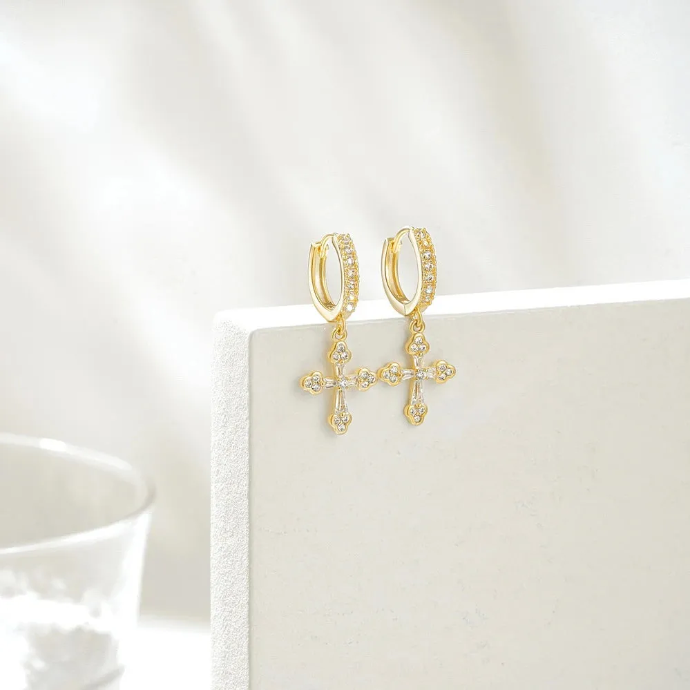14K Gold Huggies Hoop Dangle Drop Earrings- Cross hoop