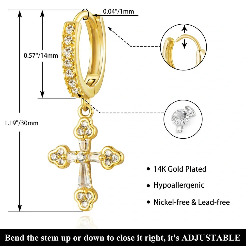 14K Gold Huggies Hoop Dangle Drop Earrings- Cross hoop