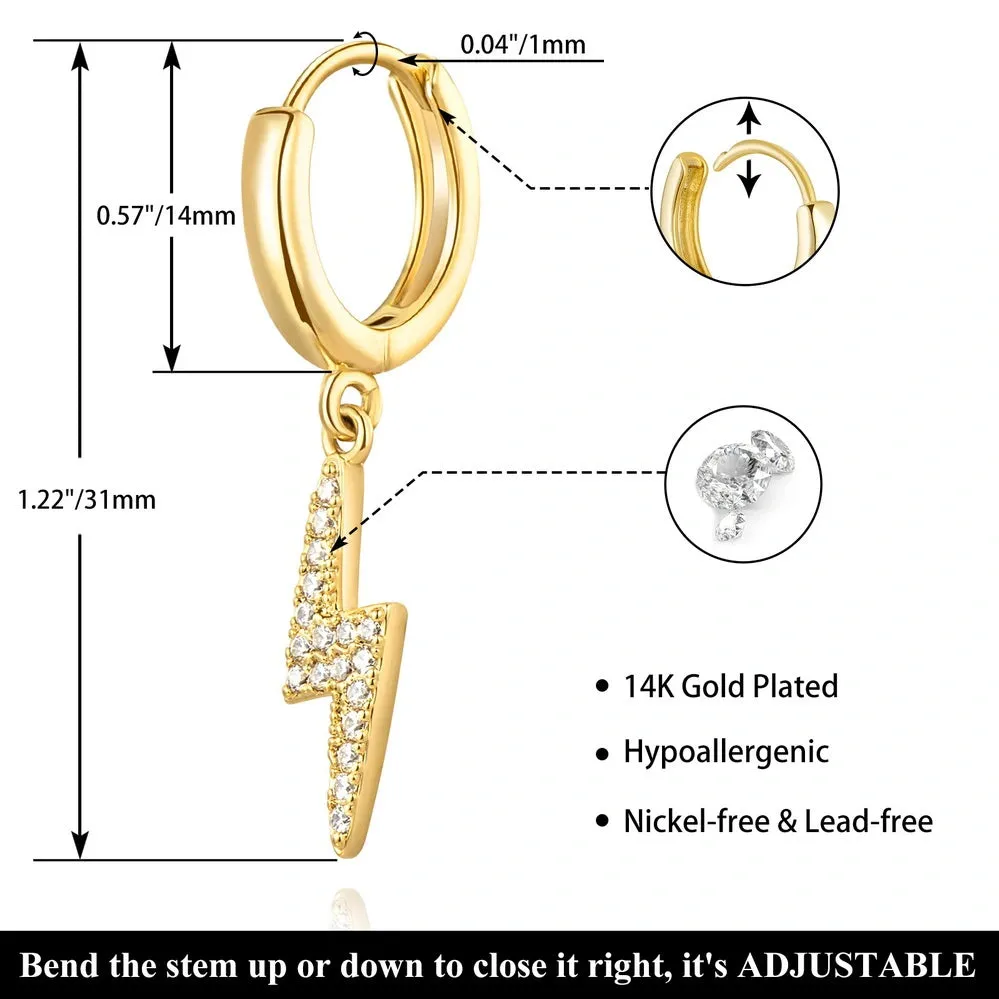 14K Gold Huggies Hoop Dangle Drop Earrings- Lightning Hoop