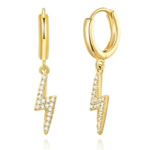 14K Gold Huggies Hoop Dangle Drop Earrings- Lightning Hoop