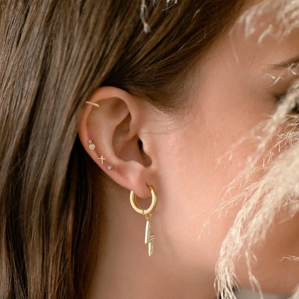 14K Gold Huggies Hoop Dangle Drop Earrings- Lightning Hoop