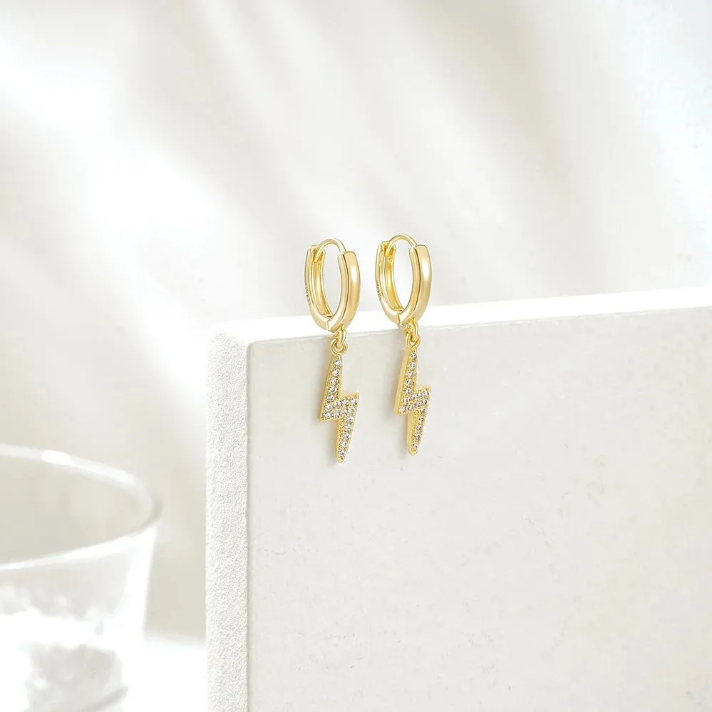 14K Gold Huggies Hoop Dangle Drop Earrings- Lightning Hoop