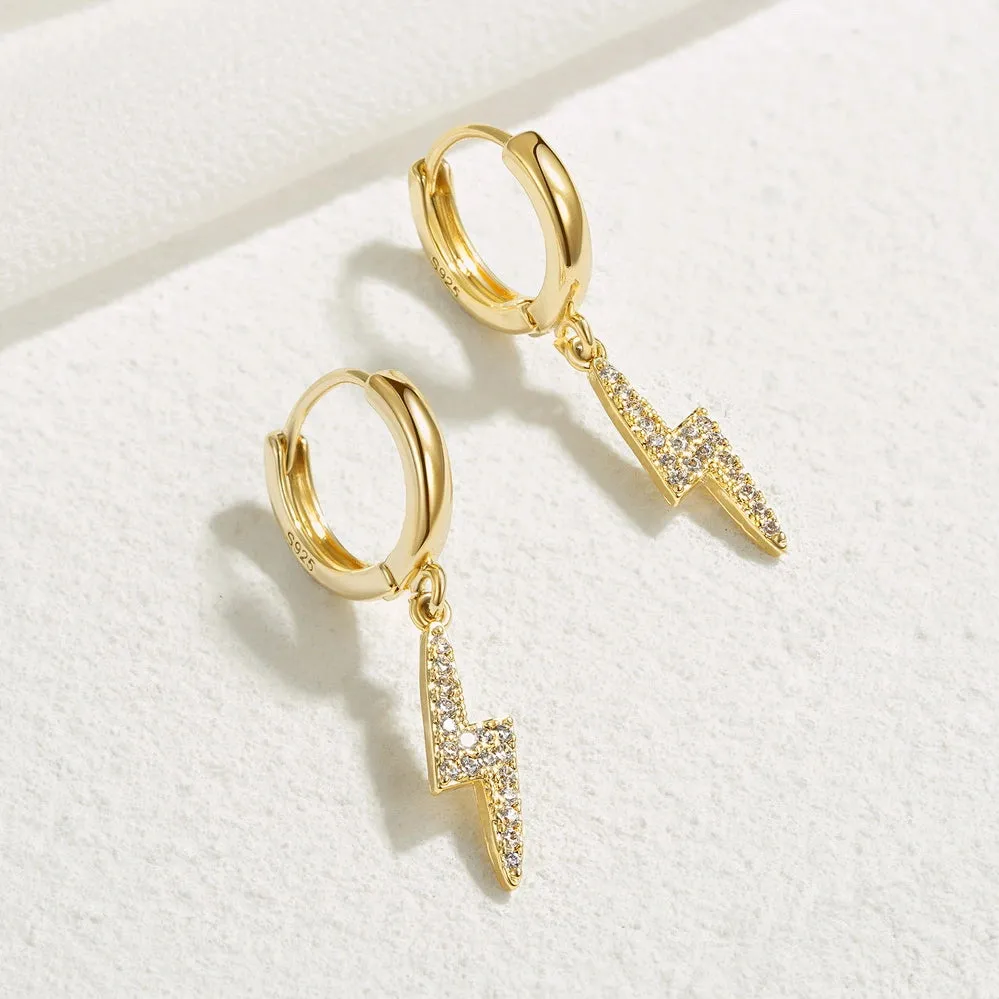 14K Gold Huggies Hoop Dangle Drop Earrings- Lightning Hoop