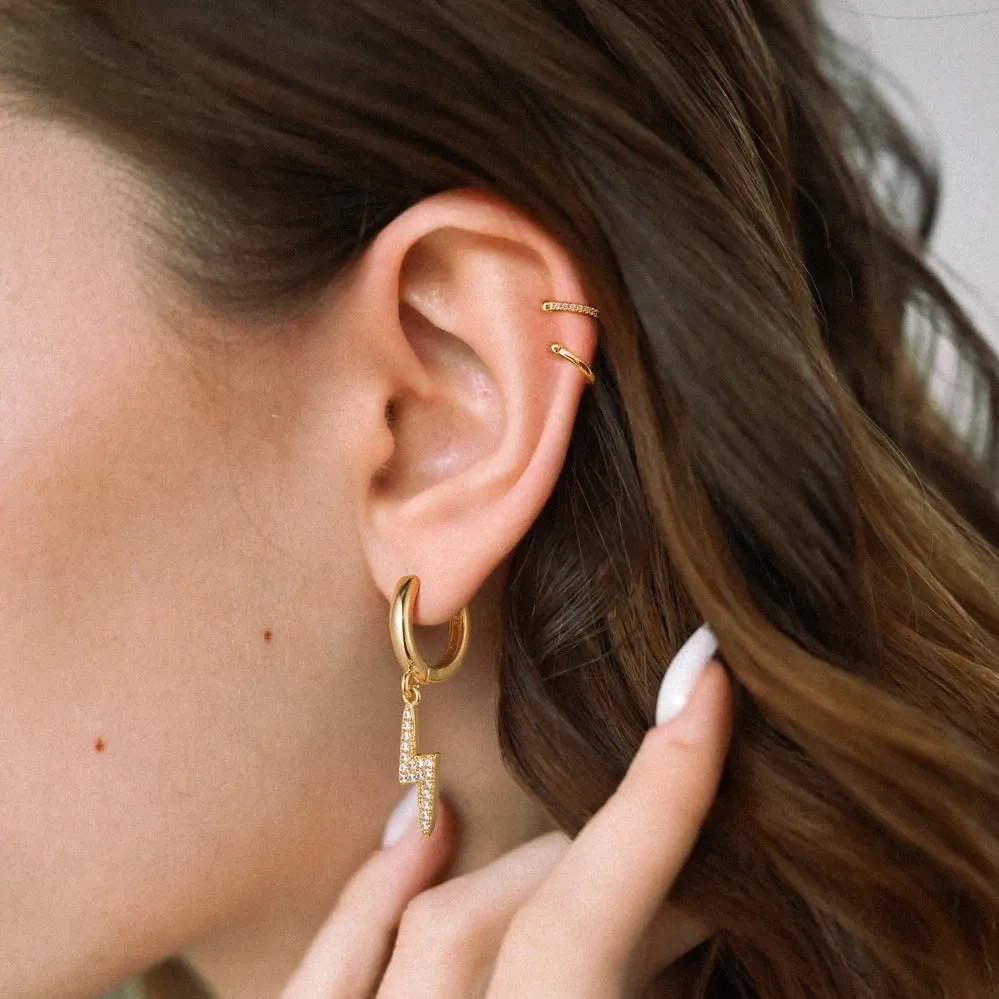14K Gold Huggies Hoop Dangle Drop Earrings- Lightning Hoop