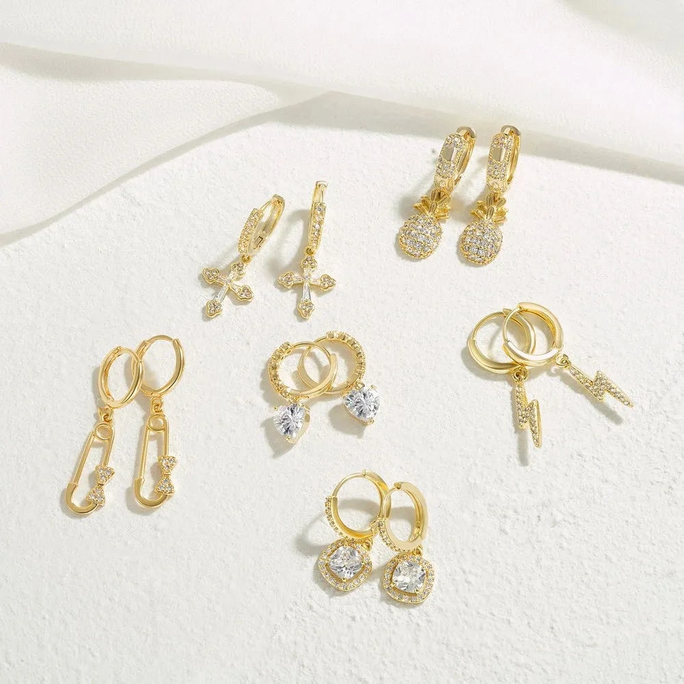 14K Gold Huggies Hoop Dangle Drop Earrings- Lightning Hoop