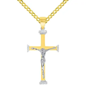14k Solid Two-Tone Gold 3D Religious Crucifix Cross Pendant with Cuban Chain Curb Necklace