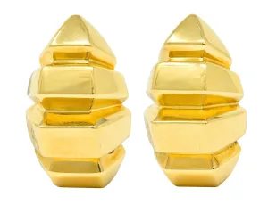 1980's Vintage 18 Karat Gold Deeply Ridged Ear-Clip Earrings