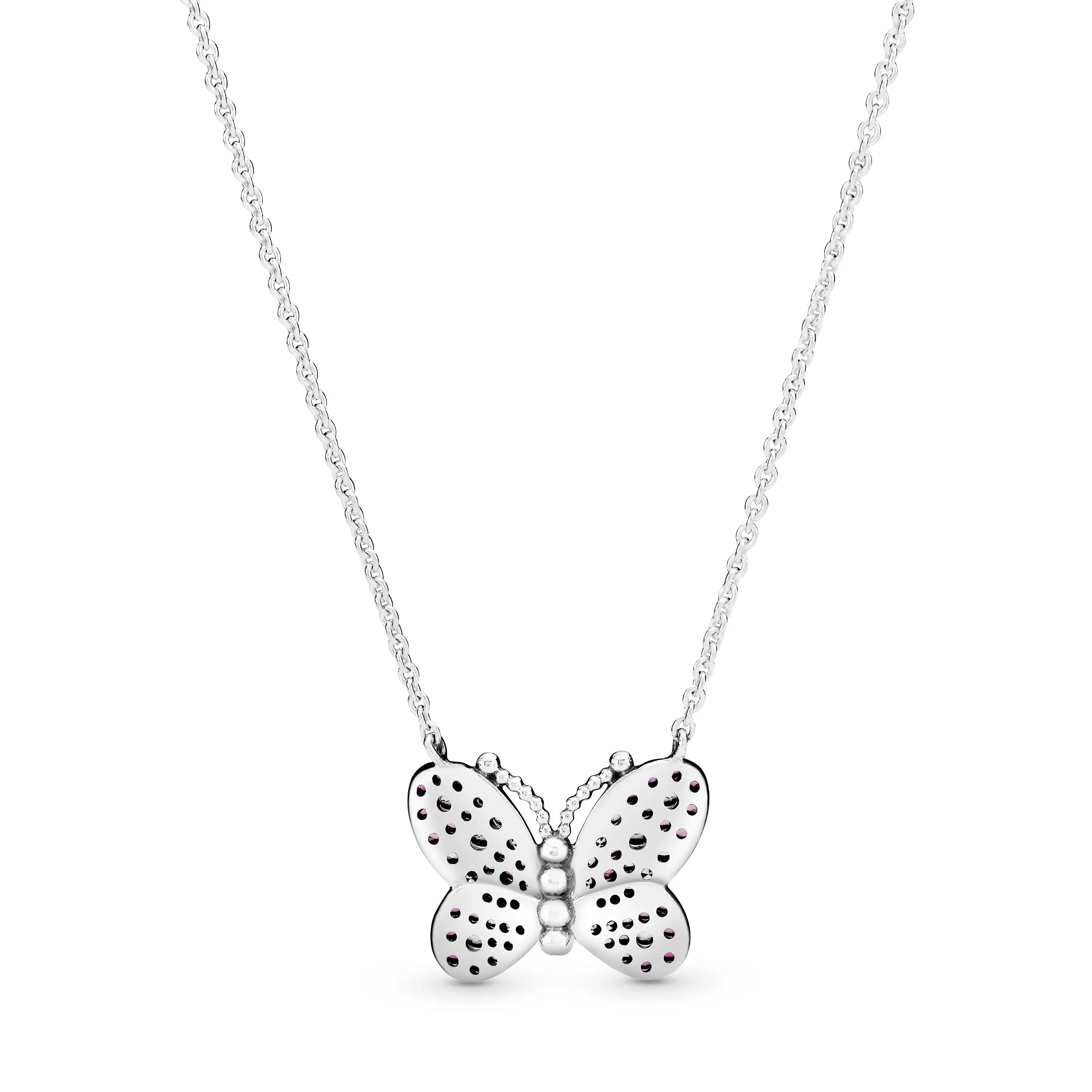 Butterfly silver collier with cerise crystal, pink mist crystal and clear cubic zirconia