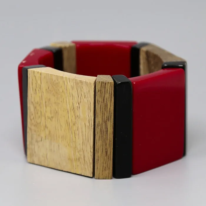 Color Block Acetate And Wood Stretch Bracelet