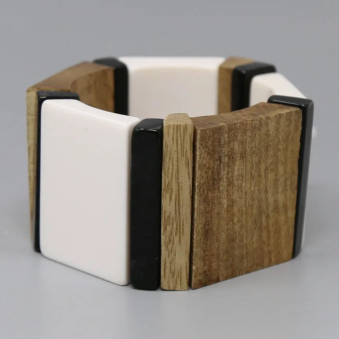 Color Block Acetate And Wood Stretch Bracelet