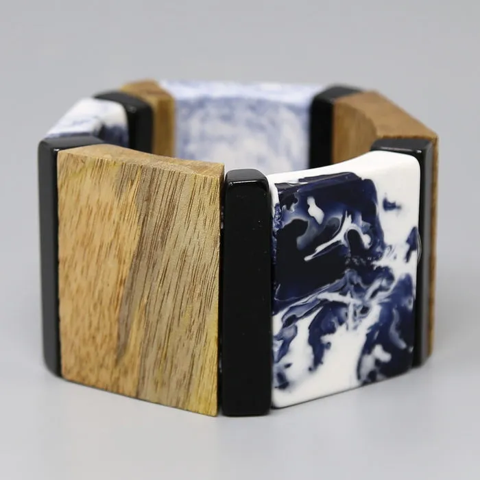 Color Block Acetate And Wood Stretch Bracelet