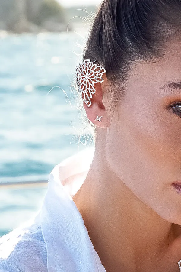 Cutout Statement Ear Cuff with Chain and Star Studs - White Silver