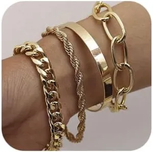 Dainty Boho Chain Bracelets Set for Women Adjustable Fashion Beaded Chunky Flat Cable Chain Punk Bracelets for Women Gift Set of 4