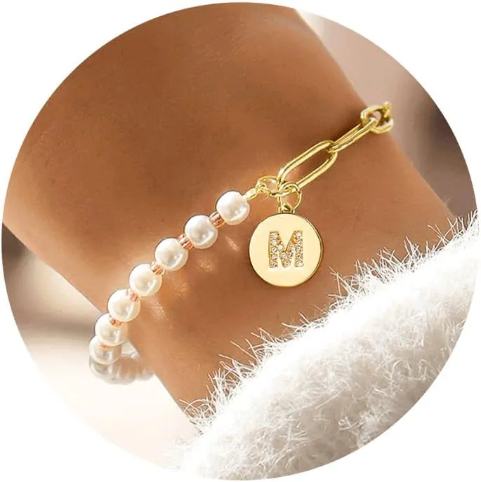 Turandoss Gifts for Her - Initial Pearl Bracelets for Women Teen Girls Gifts Personalized Gold A-Z Initial Charm Paper Clip Chain Pearl Bracelets for Girls Bridesmaid Wedding Gifts