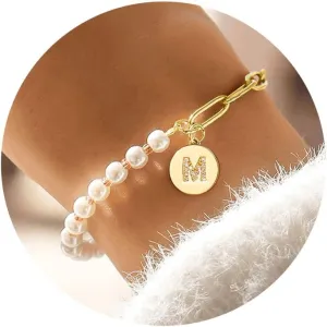 Turandoss Gifts for Her - Initial Pearl Bracelets for Women Teen Girls Gifts Personalized Gold A-Z Initial Charm Paper Clip Chain Pearl Bracelets for Girls Bridesmaid Wedding Gifts